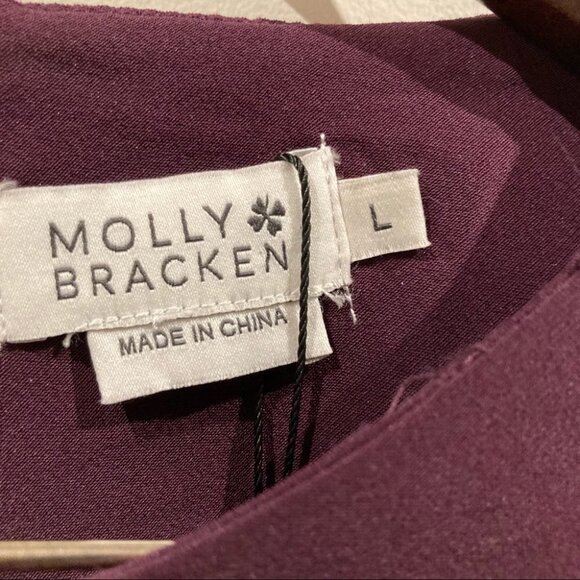 MOLLY BRACKEN Sz L Balloon Puffy Sleeve Pearl Button Midi Wine Colour Dress - Picture 5 of 9